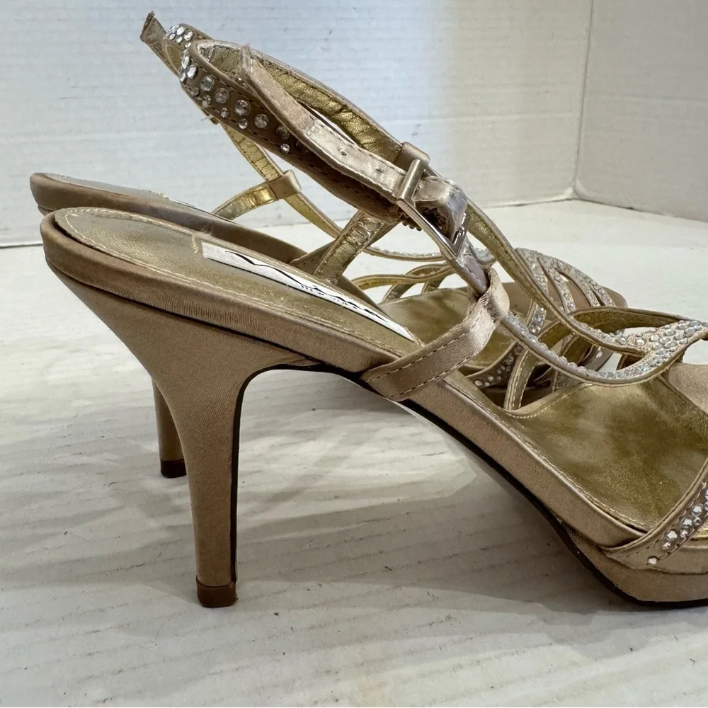 Nina Gold Rhinestone Strappy Heels Sz 7.5 Party Shoes Wedding Formal Cocktail